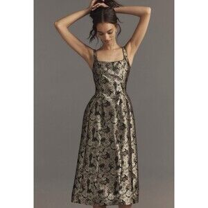 Maeve Black and Gold Floral Midi Dress